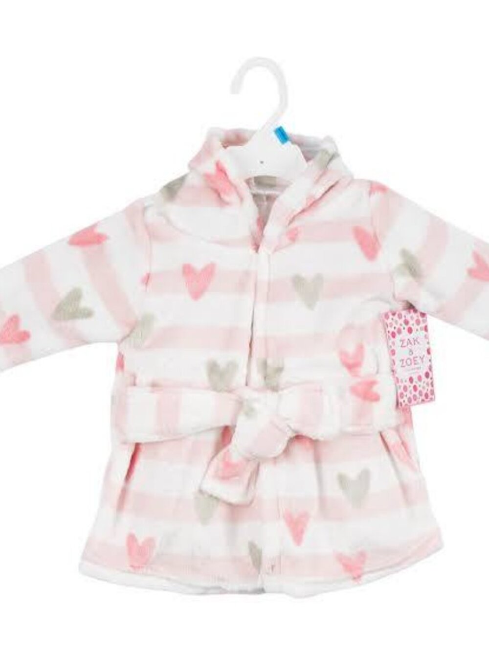 Zak & Zoey Pink, White & Gray Hearts Hooded Baby Bathrobe Size 0-9 Months